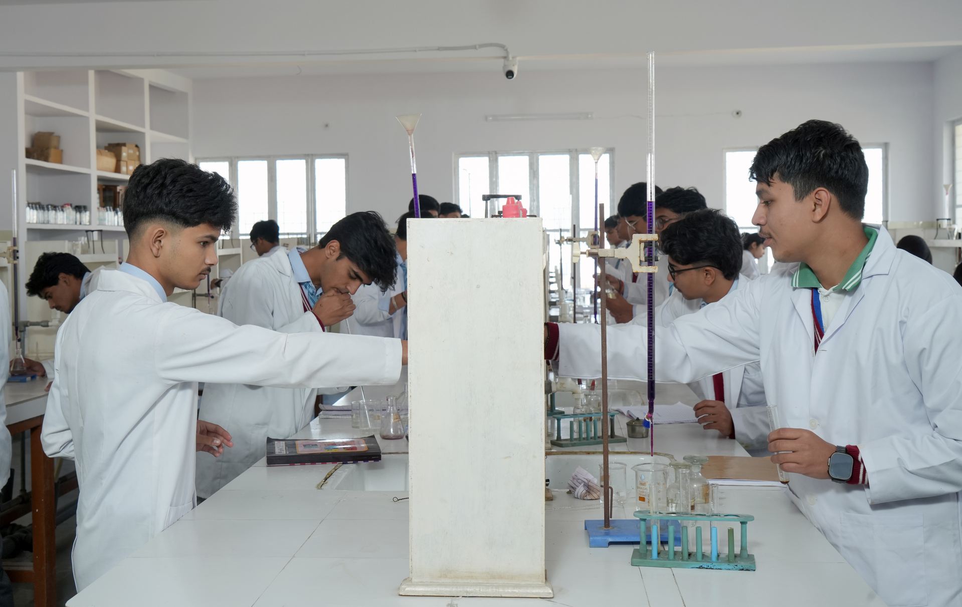 Students working in a spacious science laboratory